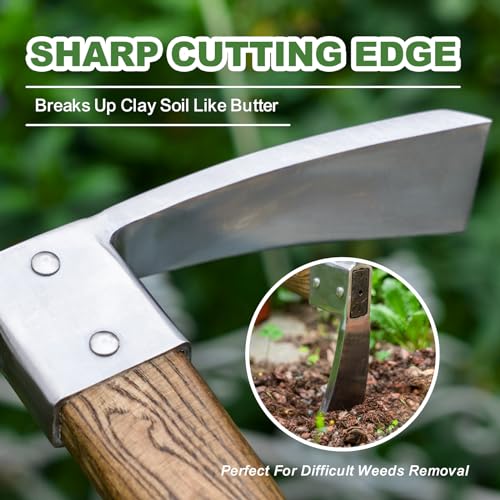 Hand Dibber with 5 inches Measuring Scale, Easy to Grip L-Shaped Wood Handle Dibbler, Stainless Steel Mattock with Sharp Pick and Cutting Edge for Breaking up Heavy Clay Soil