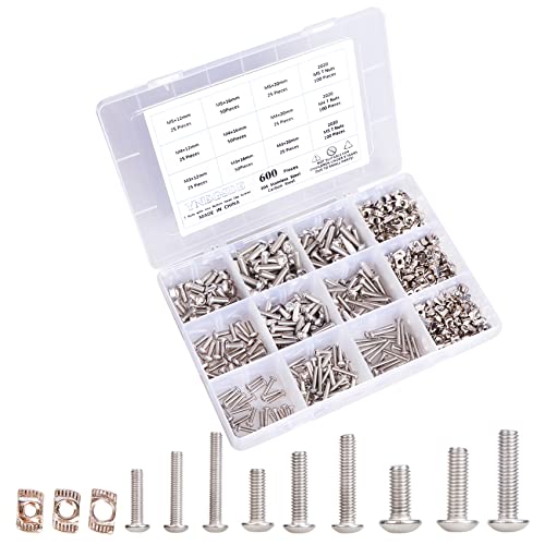 600Pcs M3 M4 M5 2020 Series T Nuts & Button Head Socket Bolts Assortment Kit – Nickel-Plated Carbon Steel T-Nuts & 304 Stainless Steel Button Head Hex Socket Bolts for 3D Printers, CNC, Industrial