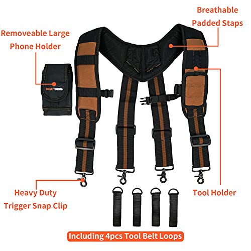 MELOTOUGH Magnetic Suspenders Tool Belt Suspenders with Large Moveable Phone Holder, Pencil Holder, Padded Tool Belt with D ring for men construction Strong Durable Double Metal Roller Buckle