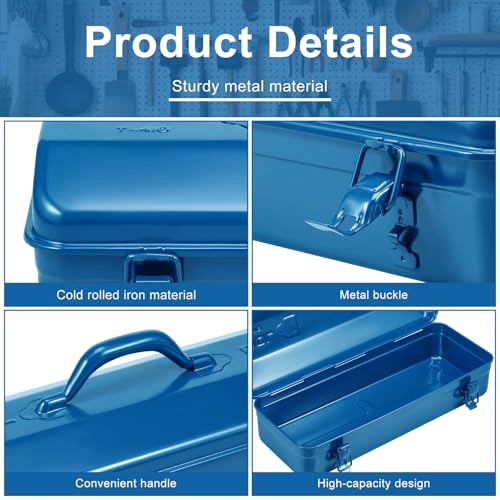 Tool Box, 16.9" Portable Metal Tool Organizer Box with Double Latch Closure and Handle, Heavy Duty Hip Roof Style Tool Chest for Household Workshop Car (Blue) Blue