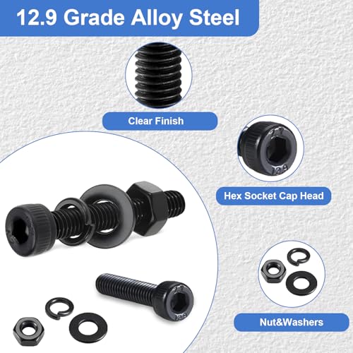 620Pcs M6 Screw Kit, Hex Socket Head Cap M6 Screws, M6 Bolts Nuts Washers Black Black M6--620 Pcs