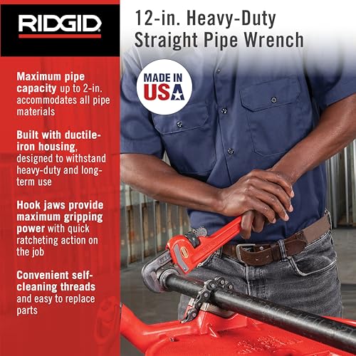 RIDGID 31015 Heavy-Duty Straight Pipe Wrench, 12" Sturdy Plumbing Wrench with Self Cleaning Threads and Hook Jaws, Red, Small 12" Durable