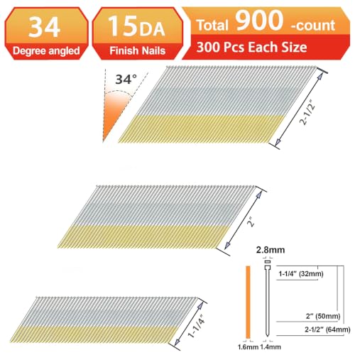 15 Gauge Angled Finish Nails,304 Stainless Steel,2-1/2",2",1-1/4":900pcs 3Sizes(2-1/2",2",1-1/4")---900pcs