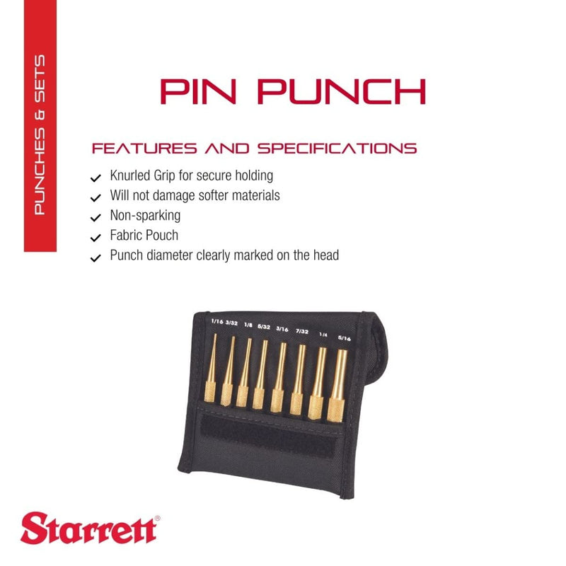 Starrett Brass Drive Pin Punch Set, 4" Length, 1/16"-5/16" Dia, 8 Pieces | With Knurled Grip in Protective Fabric Pouch, Non-Sparking, Sizes Clearly Mark on the Head, Made of Brass - SB565Z