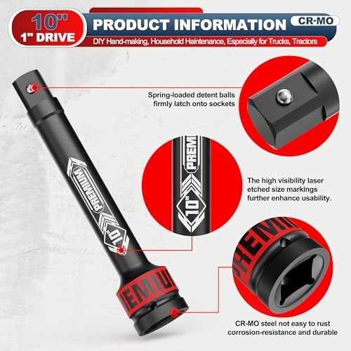 1" Drive Impact Extension Bar, 10 Inch Length Socket Extension, CR-V Steel, Narrow and Deep Areas in Household Haintenance, Trucks Tractors Repair or Industrial Operations 1" 10-Inch