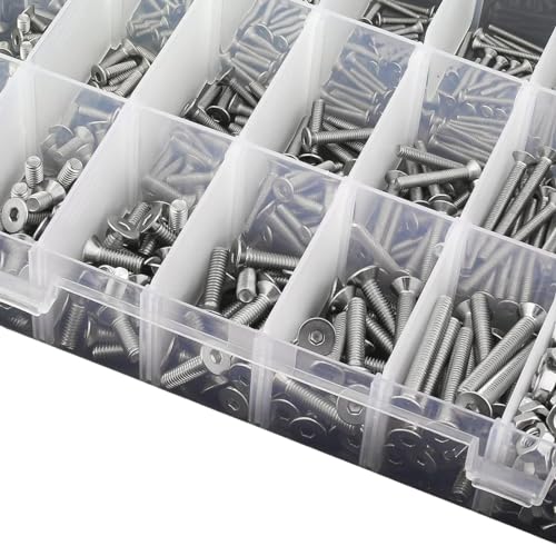 1080Pcs M2 M3 M4 M5 Screw Assortment, Metric Flat Countersunk Head Socket Cap Bolts, Stainless Steel Screws Nuts and Washers with 4 Hex Allen Wrenches, Full Thread Hex Flat Head Countersunk