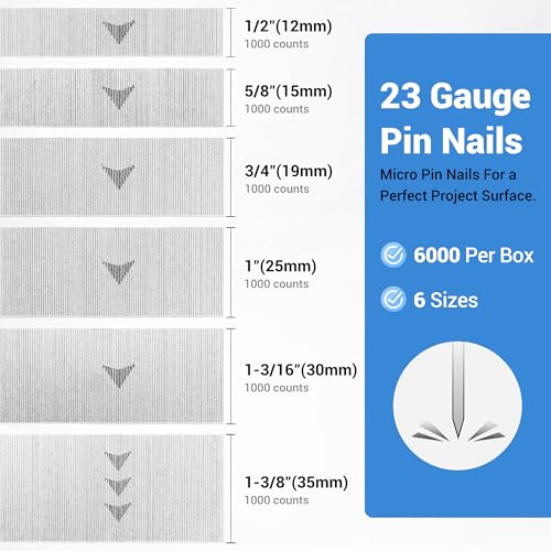 meite 1-3/8" Galvanized 23 Gauge Pin Nails - 10000 Counts and Assorted 6 Sizes (1/2", 5/8", 3/4", 1", 1-3/16", 1-3/8") Galvanized Pin Nails - 6000 Counts