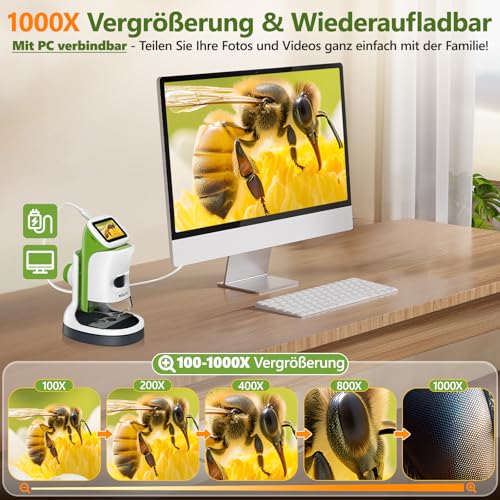 Children's microscope with stand, 2-inch 4K screen, 1000X digital magnification, portable mini-scope science kit for boys and girls ages 4-12 with slide set, 32G card, STEM learning toy, gift