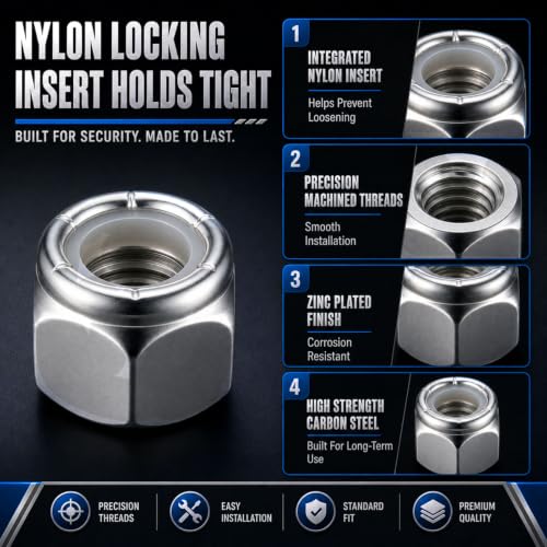 Zonon 200 Pack 3/8"-16 Nylon Insert Lock Hex Nuts, Grade 2, Coarse Thread