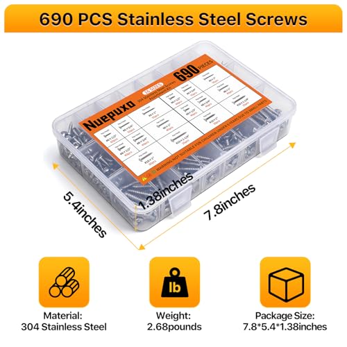 690PCS Wood Screws Assortment Kit, 304 Stainless Steel Screws