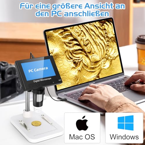 WADEO 4.3 Inch LCD Digital Microscope 1000x Including 32GB Card, Portable Microscope USB Digital Microscope with 8 Adjustable LEDs and Metal Stand, MacOS Windows Compatible 4.3 inches