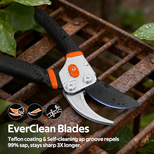 Professional 8.5”Garden Pruner with Jam-Proof Spring & Ever-Sharp SK5 Blade