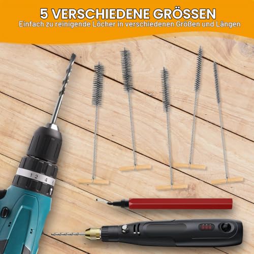 5 Piece Drill Hole Brush Set, 8 mm/12 mm/16 mm/20 mm/25 mm T-Handle Tube Brush | Round hole brush, cleaning brush, pipe cleaner brush for impact drills, efficient drill hole cleaning