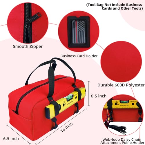 MELOTOUGH 16 Inch Tool Bag Canvas Tool Tote Bags with Zipper Heavy Duty Portable Tool Bag Organizer for Electrician,Plumbing,Technician,HVAC (Black & Red)