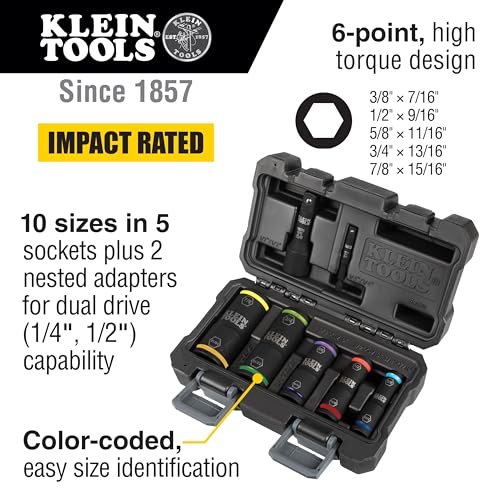 Klein Tools 66070 Impact Socket Set, Five Impact Driver Flip Sockets with 1/4-Inch Hex and 1/2-Inch Square Adapters, 7-Piece Multi-Size (7-Piece Set)