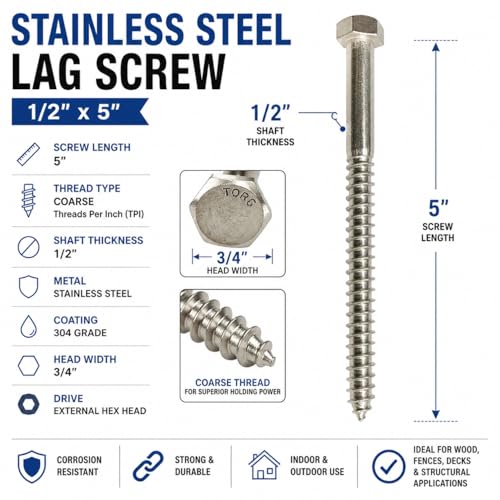 (10) 1/2" X 5" – 304-18/8 Grade Stainless Steel Heavy Duty Lag mounting Screws I Hex Head Fasteners - Use for Construction, Wood, Metal I Interior-Exterior Rust Resistant I 10 Pack