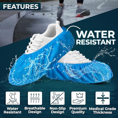 Blue Shoe Guys 100 Premium Disposable Boot & Shoe Covers | Extra Thick Water-Resistant Protective Foot Booties, Non-Slip, Men/Women, Recyclable Plastic | Large Fits Most (Happiness Guarantee) fabric