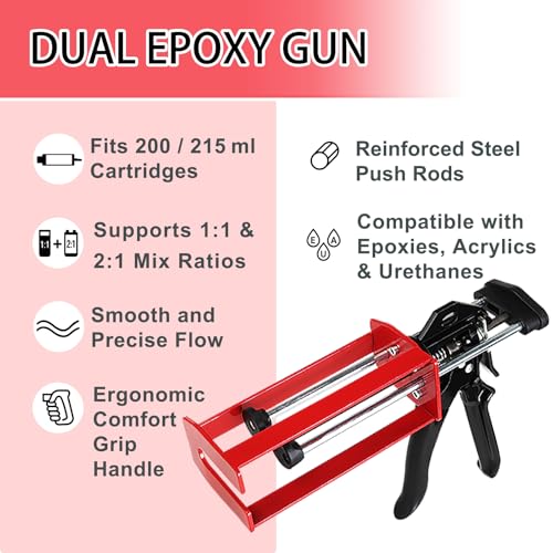 200ml Dual Cartridge Epoxy Gun, 1:1 & 2:1 Ratio Manual Adhesive Applicator for 2-Part Epoxy, Dual Component Glue, Panel Bonding, Structural Repairs, Fillers, and Plastic Repair Red