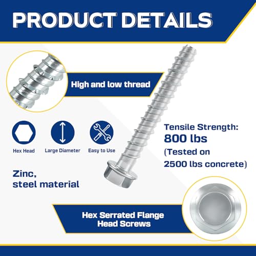 3/8" x 3" Large Diameter Concrete Screw 25 Pack - Heavy Duty Concrete Anchors, Masonry Screws for Brick, Block, Wood & Framing - Zinc Plated Hex Screws 3/8" x 3" - 25PACK