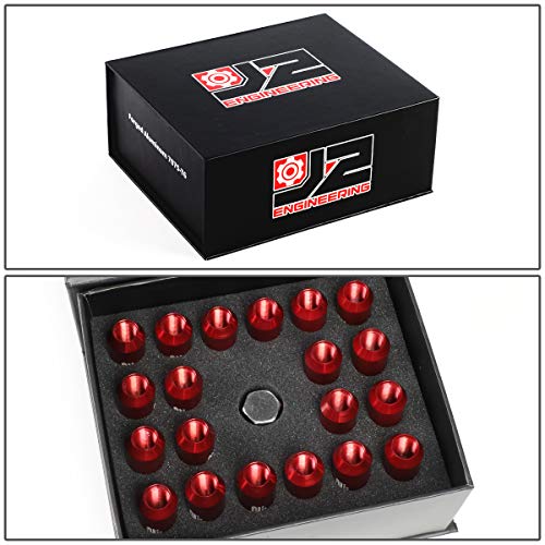 J2 Engineering 16Pcs 7075 Aluminum Open End M12 x 1.25 Lug Nuts w/4Pcs Lock Nuts & Key, Red, Fit Conical Seat, LN-T7-010-125-RD