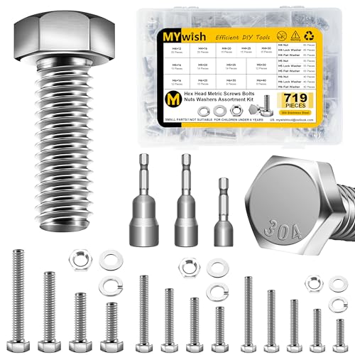 Mywish 719PCS M4 M5 M6 Bolt Screw Set, Metric Bolt Assortment & 900Pcs M3 M4 M5 M6 Metric Screws Assortment kit, Nuts and Bolts Set Flat & Spring Washers, Hex Head Cap Screws Bolts and Nuts Kit