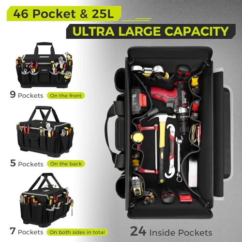 Ytonet Heavy Duty Tool Bag 16-Inch, 46 Pockets Electrician Tool Bag for men with Hard Bottom & Waterproof Pocket Wearable Cleaning Caddy Bag