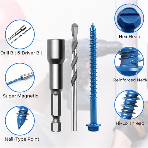 200PCS Concrete Screws, 3/16" 1/4" Masonry Screws with Drill Bit and Driver Bit, 7 Sizes Hex Head Cement Screws for Masonry, Block or Brick, Diamond Point, Blue Coated 200PCS 3/16" & 1/4" Assortment (7 Sizes) Slotted Hex Head