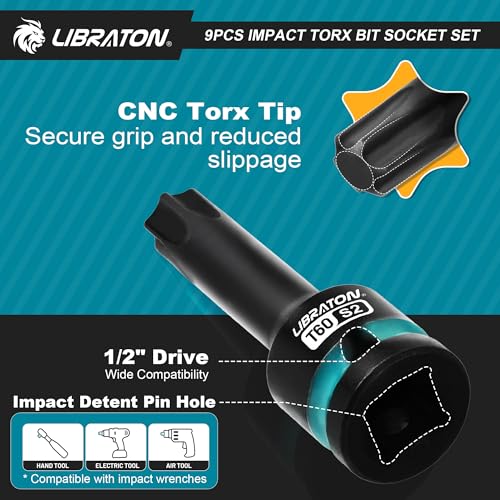 LIBRATON Impact Torx Bit Socket Set, 1/2" Drive, S2 Steel, T30-T80, 9PCS 9PCS Torx
