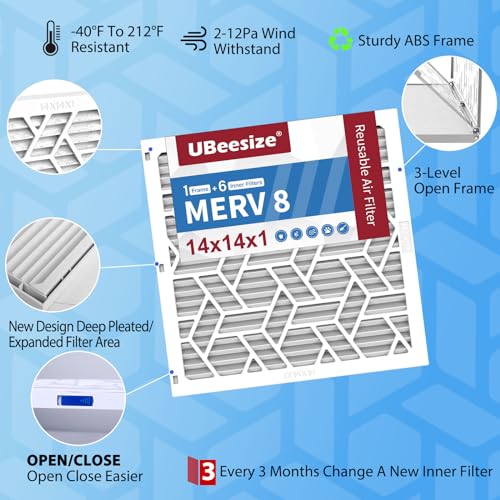 UBeesize Air Filter 14x14x1 (6-Pack), MERV 8 MPR 700 AC/HVAC Furnace Filters,Deep Pleated Air Cleaner, (Actual Size 13.5 x 13.5 x 0.8 Inches),1x Reusable ABS Frame+6 x Filter,Easy Close/Open