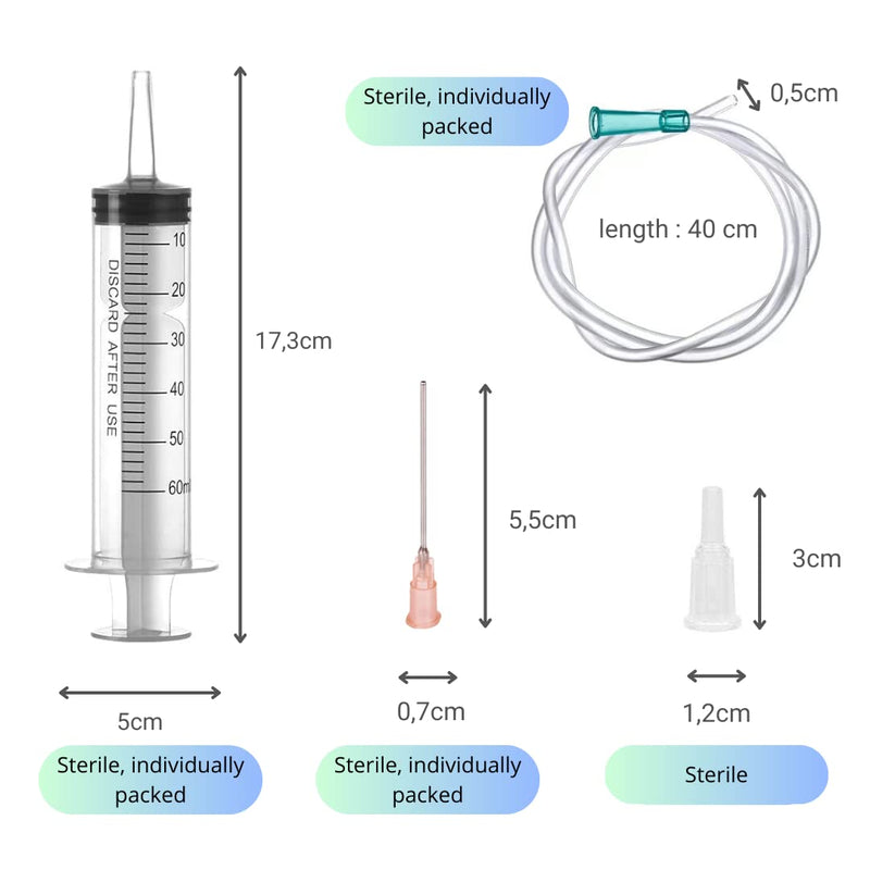 Pack of 2 syringes 60 ml/cc with tubes and blunt needles, reusable, individually packed, sterile, measuring liquids, plant irrigation, animal feeding, scientific laboratories, industry 2x 60ml + 2x cannula + 2x tube