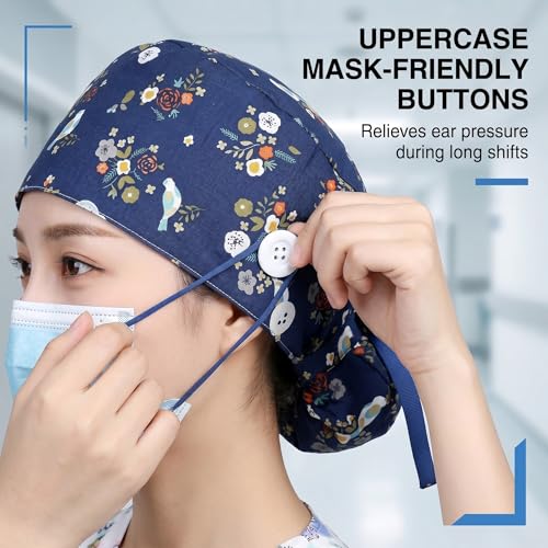 Women's surgical cap with buttons for long hair, adjustable cotton work cap, breathable surgical cap, doctor's cap for hospital, clinic, laboratory, one size