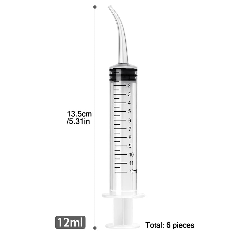 JETOP Pack of 6 dental syringes, 12 ml dental irrigation syringe with measure, syringe with curved tip for dental care, pet care, adhesive filling