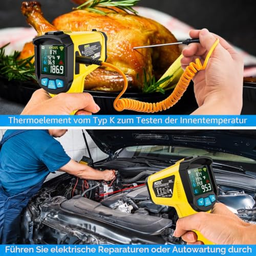 Infrared Thermometer MESTEK Temperature Meter Digital Laser IR Pyrometer K-Probe -50°C ~ 800°C Non-Contact with Color LCD Alarm Function Adjustable Emissivity for Kitchen Grill Automotive IR02C-Yellow