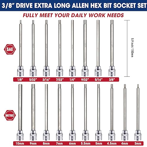 Rizom 3/8" Drive Long Allen Socket Set, 18-Piece Hex Bit Socket Set Allen Hex Bit