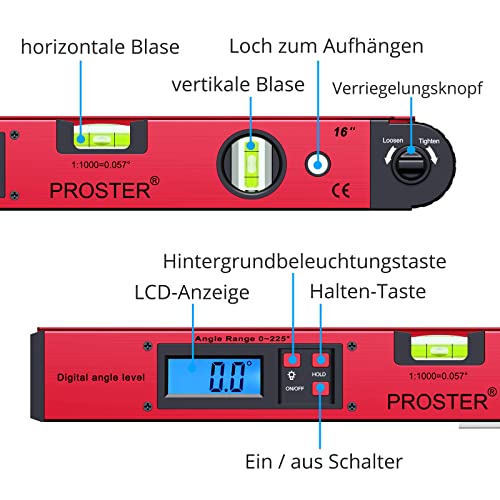 Proster Digital Protractor 0-225° Digital Protractor with Spirit Level and LCD Lighting 400 mm / 16 Inch Protractor with Battery and Bag for Roofing Technology - Red