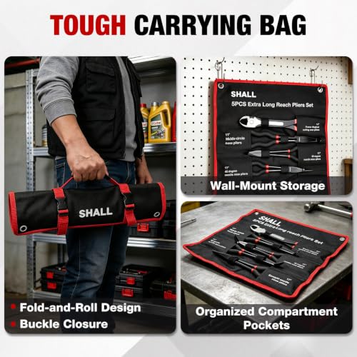 SHALL 5-Piece 11-Inch Long Reach Needle-Nose Pliers Set with Storage Pouch