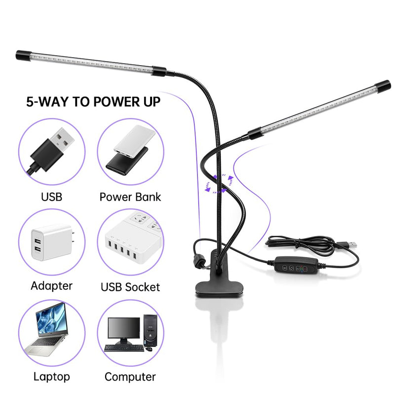 inShareplus LED UV Light Dual Head with USB, 395nm-405nm Dimmable UV Light with Clip, Glow in The Dark, 20W Black Lamp for Party, Stage, Glue Curing Resin Paint, Collection, Aquarium Long Two head