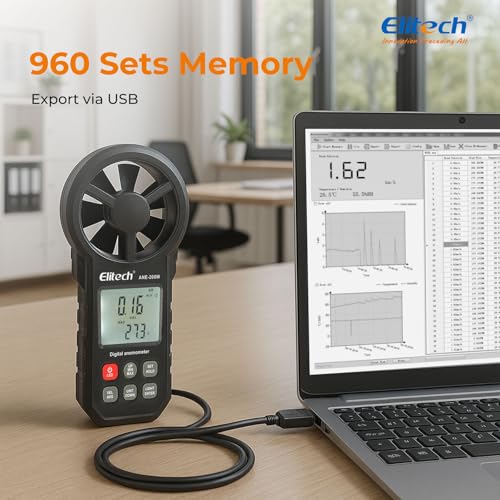 Elitech Bluetooth Wind Gauge, Digital Anemometer Wind Speed Measurement Temperature, USB Data Export, CFM/CMM Air Flow Measurement for HVAC & Environmental Testing ANE-200W