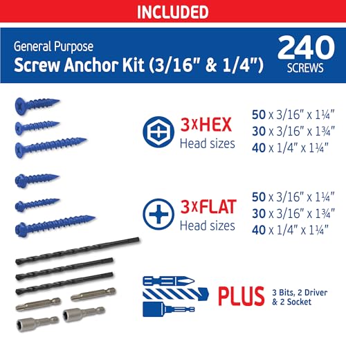 Blue Multi Purpose Blue Concrete Screw Mix Kit - 240 pcs (3/16x1-1/4, 3/16x1-3/4 & 1/4x1-1/4 w/ 2 Sockets & 3 Drill Bits - Use in Concrete, Masonry, Wood & Brick CSMIX-KIT