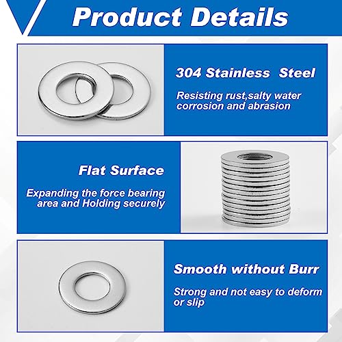 Hotop 500 Pcs Stainless Flat Washer 3/8" ID, 7/8" OD Fender Washers 304 Stainless Steel Washers for Factories Repair, Kitchens, Shops, and Outdoor Construction
