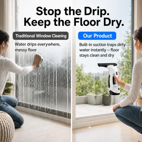 Electric Window Vacuum Cleaner Cordless, Glass Washer Vac 2000pa 150ml Water Tank, Windows Cleaning Equipment Tool Suitable for Mirrors Windows Glass (with 4 Cloths)
