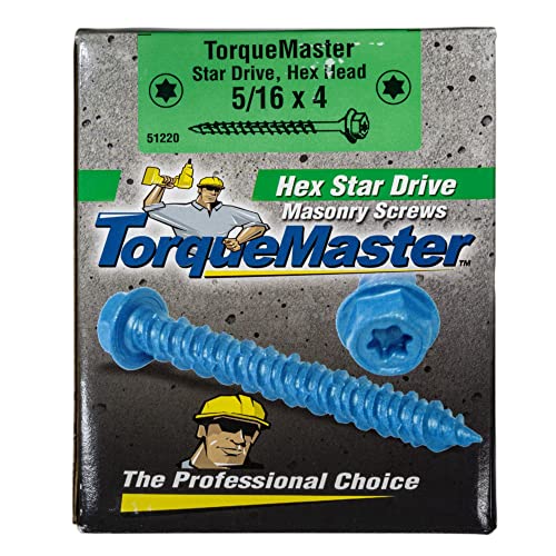 TorqueMaster Star Drive Hex Washer Head Masonry Screws, 100 Pieces with Drill Bit - 5/16" x 4" Concrete Masonry Screws, Rust Resistant High Strength 5/16" x 4"
