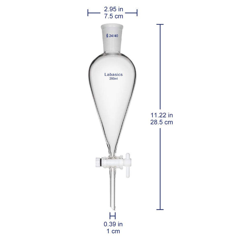 Labasics Borosilicate Glass 250ml Conical Separatory Funnel with PTFE Stopcock, 250mL 250 ml