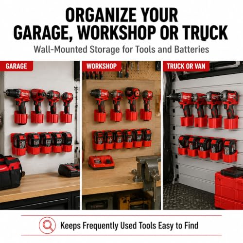 M12 Tool Holder and Battery Holder Wall Mount, Compatible with Milwaukee M12 12V Tools and Batteries, Plastic Drill Hangers and Storage Organizer for Garage, Workshop, Truck and Van, 24 Screws