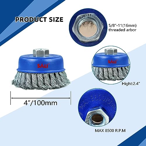 SALI 6 Pack Wire Cup Brush, 4 Inch Twisted Knotted Cup Brush for Grinders, with 5/8-11 Inch Arbor for Heavy Cleaning Rust, Stripping and Abrasive, for Angle Grinder Twiste Wire 6.0