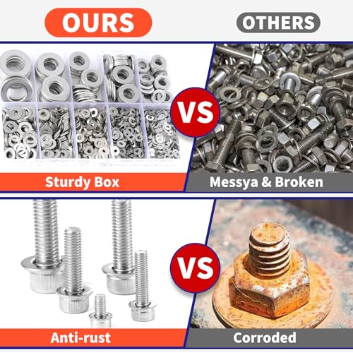 1100 Pcs Flat Washers Assortment Kit & 1100 Pcs SAE Spring Lock Washers Assortment Kit