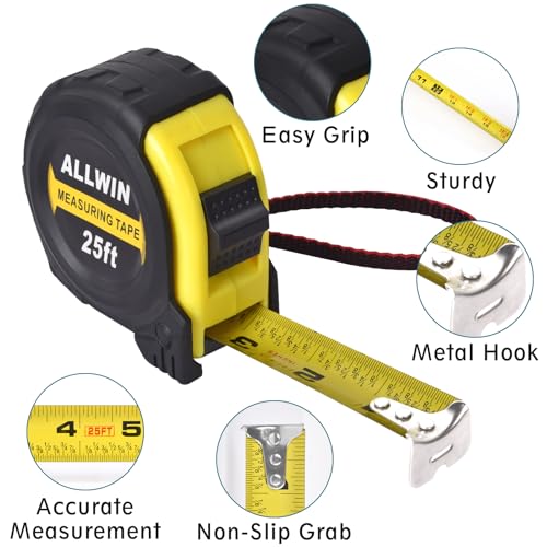 Tape Measure 25 Ft - 5 Pack Bulk Metal Retractable Tape Measure with Fractions, Easy Read, 1-inch Wide X 25 Foot Inches