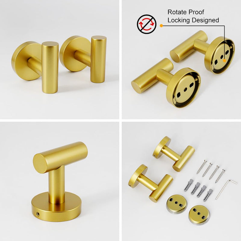 3-Pieces Bathroom Hardware Set Gold Stainless Steel Wall Mounted - Includes Toilet Paper Holder, 2X Robe Towel Hooks