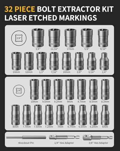 32-Piece Bolt Extractor Kit, 1/4" & 3/8" Drive Stripped Nut Remover 32Pcs