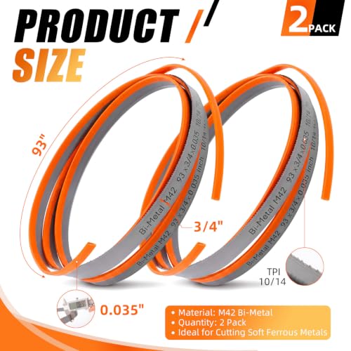 2 Pcs Band Saw Blades, 93" X 3/4" X 0.035",10/14 Tpi 93" X 3/4" X 0.035" 10/14 Tpi 2